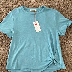 Blue short sleeve t-shirt with crew neck and tie front detail